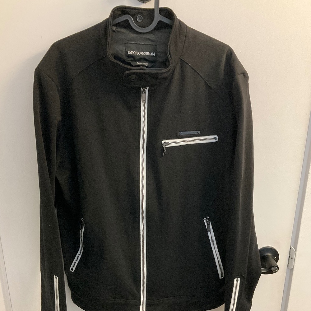 Emporio Armani black zip-up cotton sweater with white trim detail, made in Italy